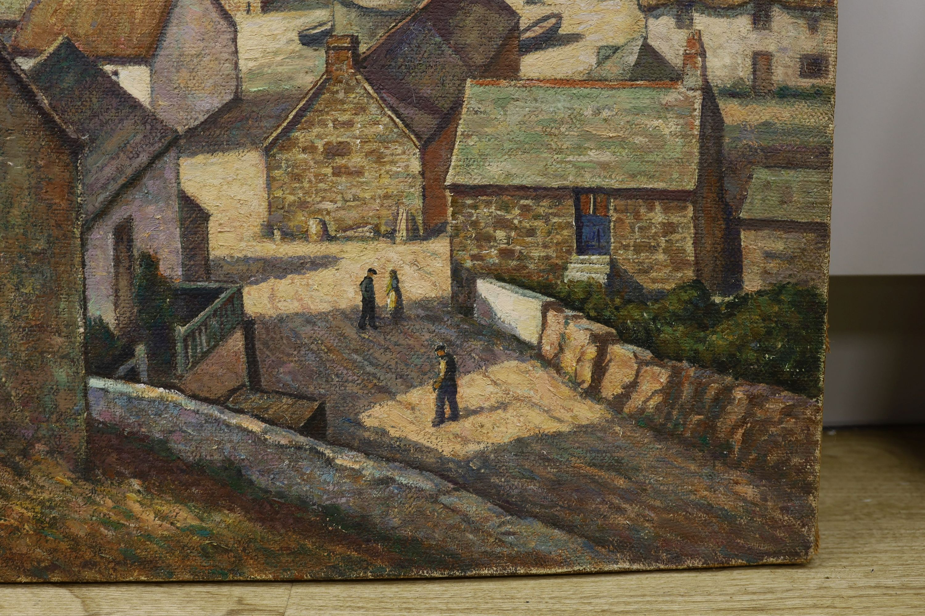 Early 20th century Continental School, oil on canvas, View of a fishing village, 51 x 61cm, unframed